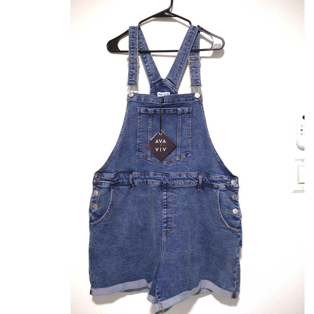 Ava & Viv Blue Denim Shortall Overalls Size 20 Medium Wash Stretch Cuffed